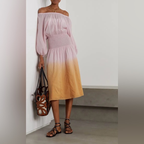 SKIN Barrie 100% Cotton Ombre Shirred Voile Midi Dress Elegant Ombre Skirt - Picture 1 of 13